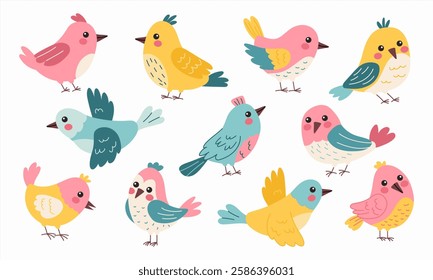 A set of cute cartoon birds in different colors, sitting or flying, on a white background, perfect for children's illustrations and designs.