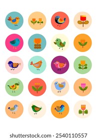 Conjunto de lindos pájaros de dibujos animados y floral, flor y Ilustración vectorial de la naturaleza. Diseño colorido, tema de animales del bebé.