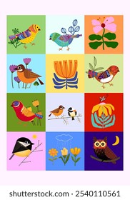 Conjunto de lindos pájaros de dibujos animados y floral, flor y Ilustración vectorial de la naturaleza. Diseño colorido, tema de animales del bebé.