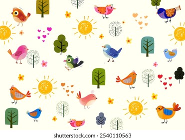 Set of cute cartoon birds and floral, flower and nature vector illustration. Colorful, baby animals theme design.
