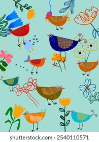 Conjunto de lindos pájaros de dibujos animados y floral, flor y Ilustración vectorial de la naturaleza. Diseño colorido, tema de animales del bebé.