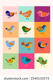 Conjunto de lindos pájaros de dibujos animados y floral, flor y Ilustración vectorial de la naturaleza. Diseño colorido, tema de animales del bebé.