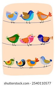 Conjunto de lindos pájaros de dibujos animados y floral, flor y Ilustración vectorial de la naturaleza. Diseño colorido, tema de animales del bebé.