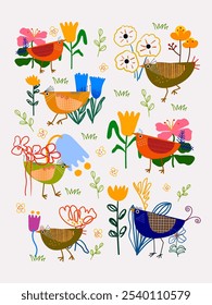 Set of cute cartoon birds and floral, flower and nature vector illustration. Colorful, baby animals theme design.