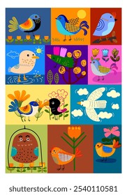 Conjunto de lindos pájaros de dibujos animados y floral, flor y Ilustración vectorial de la naturaleza. Diseño colorido, tema de animales del bebé.