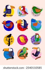 Conjunto de lindos pájaros de dibujos animados y floral, flor y Ilustración vectorial de la naturaleza. Diseño colorido, tema de animales del bebé.