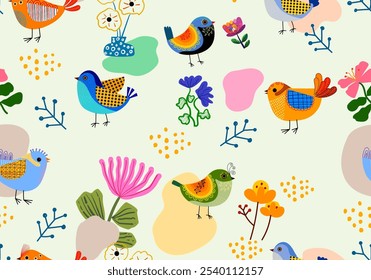 Conjunto de lindos pájaros de dibujos animados y floral, flor y naturaleza sin patrón de Ilustración vectorial. Diseño colorido, tema de animales del bebé.