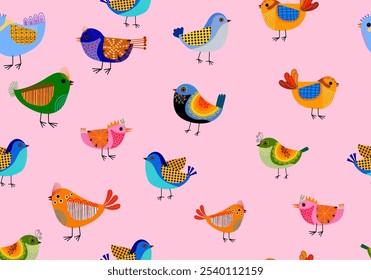 Conjunto de lindos pájaros de dibujos animados y floral, flor y naturaleza sin patrón de Ilustración vectorial. Diseño colorido, tema de animales del bebé.