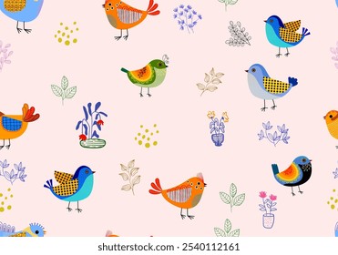 Conjunto de lindos pájaros de dibujos animados y floral, flor y naturaleza sin patrón de Ilustración vectorial. Diseño colorido, tema de animales del bebé.