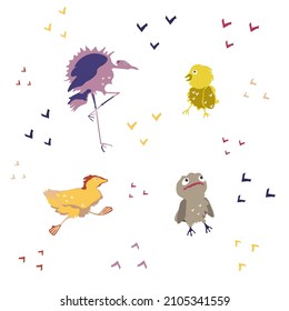 Set of cute cartoon birds with graphic doodle elements. Vector, hand drown style illustration.