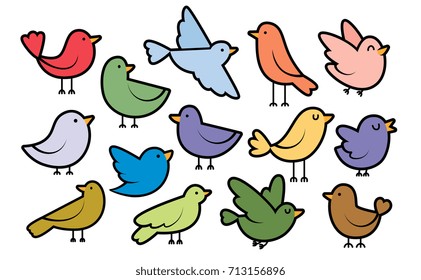 Set Of Cute Cartoon Birds Isolated On White Background