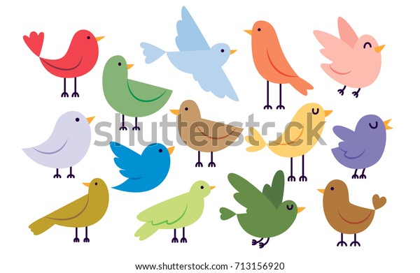 Set Of\
Cute Cartoon Birds Isolated On White\
Background