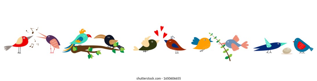Set of cute cartoon birds in row on horizontal banner. Seamless pattern. for children's room, bedding, curtains, gift wrapping. Valentine's day, family day, spring and summer