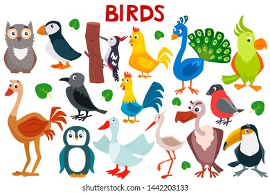 Set of cute cartoon birds. Vector flat illustration.