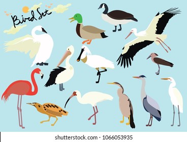 Set of cute  cartoon birds version 2 on isolated blue background vector illustration
