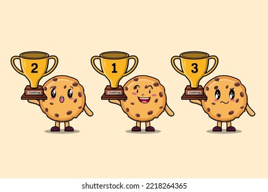 Set of cute cartoon Biscuits holding trophy with happy expression in 3d modern style design