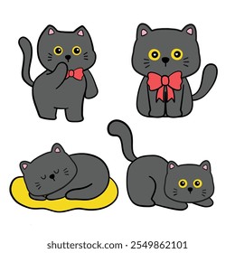 Set of Cute Cartoon Black Cat Illustration
