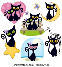 Set of Cute Cartoon Black Cat on a white background