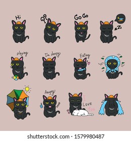 Set of cute cartoon Black cats in different poses