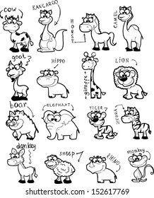 Set of cute cartoon black and white animals 