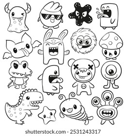 Set of Cute Cartoon black and white Monsters isolated on a white background