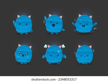 set of cute cartoon blue monster character mascot collection