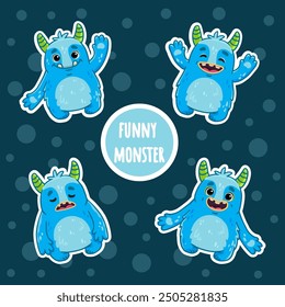 set of Cute cartoon blue monster. Monster Iconб sticker. Happy Alien. Doodle Funny monster. Flat illustration. Vector