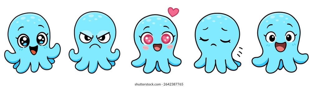Set of cute cartoon blue octopuses with different emotions: happy, sad, angry, surprised, in love.