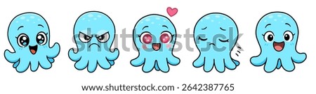 Set of cute cartoon blue octopuses with different emotions: happy, sad, angry, surprised, in love.