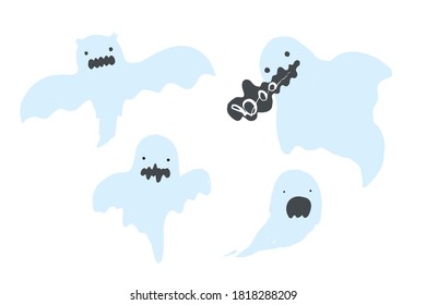 Set of cute cartoon blue vector spooky ghosts. Collection of scary Halloween ghost for greeting cards design, stickers, banners decor