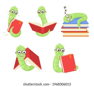 Set of cute cartoon bookworms. Vector illustration. Funny, sleepy, hungry, gloomy, happy, smiling green insects in glasses reading red books. Animal, insect, fairytale concept for banner design