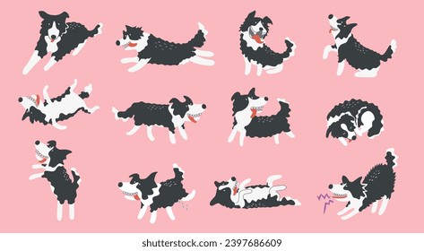 Juego de perros de color de borde de dibujos animados: diseño de caracteres de perro con colores planos en varios polos