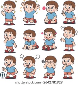 Set of cute cartoon boy characters expressing various emotions and actions. Funny child facial expressions and body language in different moods such as happy, sad, angry, crying, surprised, excited, c