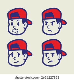 Set of cute cartoon boy face expressions wearing red cap. Fun hand-drawn style with happy, sad, shocked, and smiling emotions. Perfect for sticker, avatar, or emoji use