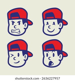 Set of cute cartoon boy face expressions wearing red cap. Fun hand-drawn style with happy, sad, shocked, and smiling emotions. Perfect for sticker, avatar, or emoji use