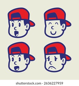 Set of cute cartoon boy face expressions wearing red cap. Fun hand-drawn style with happy, sad, shocked, and smiling emotions. Perfect for sticker, avatar, or emoji use
