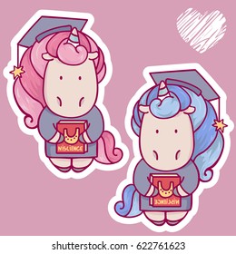 Set of  Cute cartoon boy And girl unicorns graduating from university stickers, children's illustrations, cartoon, stickers, t-shirt, bag design elements. Cartoon animals 
