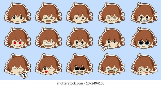 Set of cute cartoon boy with various emotions. Boy face with different expressions. Sticker set.  Label collection.  Vector child icons isolated on background. Schoolboy portrait avatars.