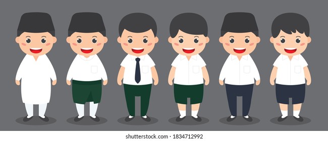 Set of cute cartoon boys wear Malaysia Primary, Secondary / High & Islamic school uniforms.