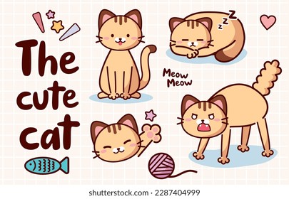 Set of cute cartoon brown cat with different emotions isolated on white background. Happy and angry cat. Clip art animal. Vector illustration