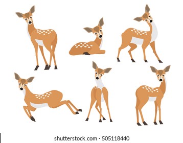 Set of cute cartoon brown deer in modern flat style. Animal character design isolate background.  