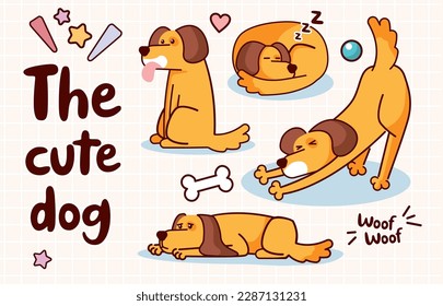 Set of cute cartoon brown dog with different emotions isolated on white background. Happy and sad dog. Clip art animal. Vector illustration