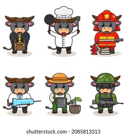 Set of Cute Cartoon Buffalo isolated on a white background. Vector illustration with cute Buffalo of different professions. cute job Animal cartoon bundle set.