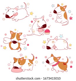 Set of cute cartoon bull terriers in various poses. Isolated on white background. Collection of funny happy dogs - running, eating, sitting, sleeping, with bone. Vector illustration EPS8