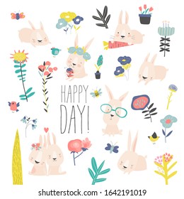 Set of cute cartoon bunnies and color flowers