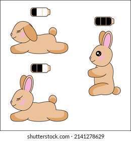 Set of cute cartoon bunnies taking power nap and waking with charging battery. Adorable sleeping and not sleeping rabbits illustration.