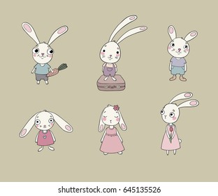 A set of cute cartoon bunny. Beautiful rabbits in dresses. Little hares. Vector illustration. 
