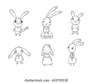 Set of cute cartoon bunny. Beautiful rabbits in dresses. Little hares. isolated objects on white background. Vector illustration. 