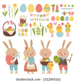 Set of cute cartoon bunny characters and design elements for the Easter holiday. Easter bunny, eggs, flowers, flags, butterflies and other vector elements.