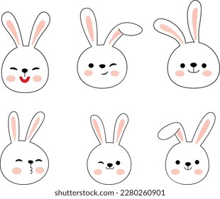 Set of cute cartoon bunny faces with different emotions. Vector illustration.
